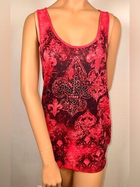 Rock & Republic Red Fleur De Lis Rhinestone Tank Top Y2K Size L